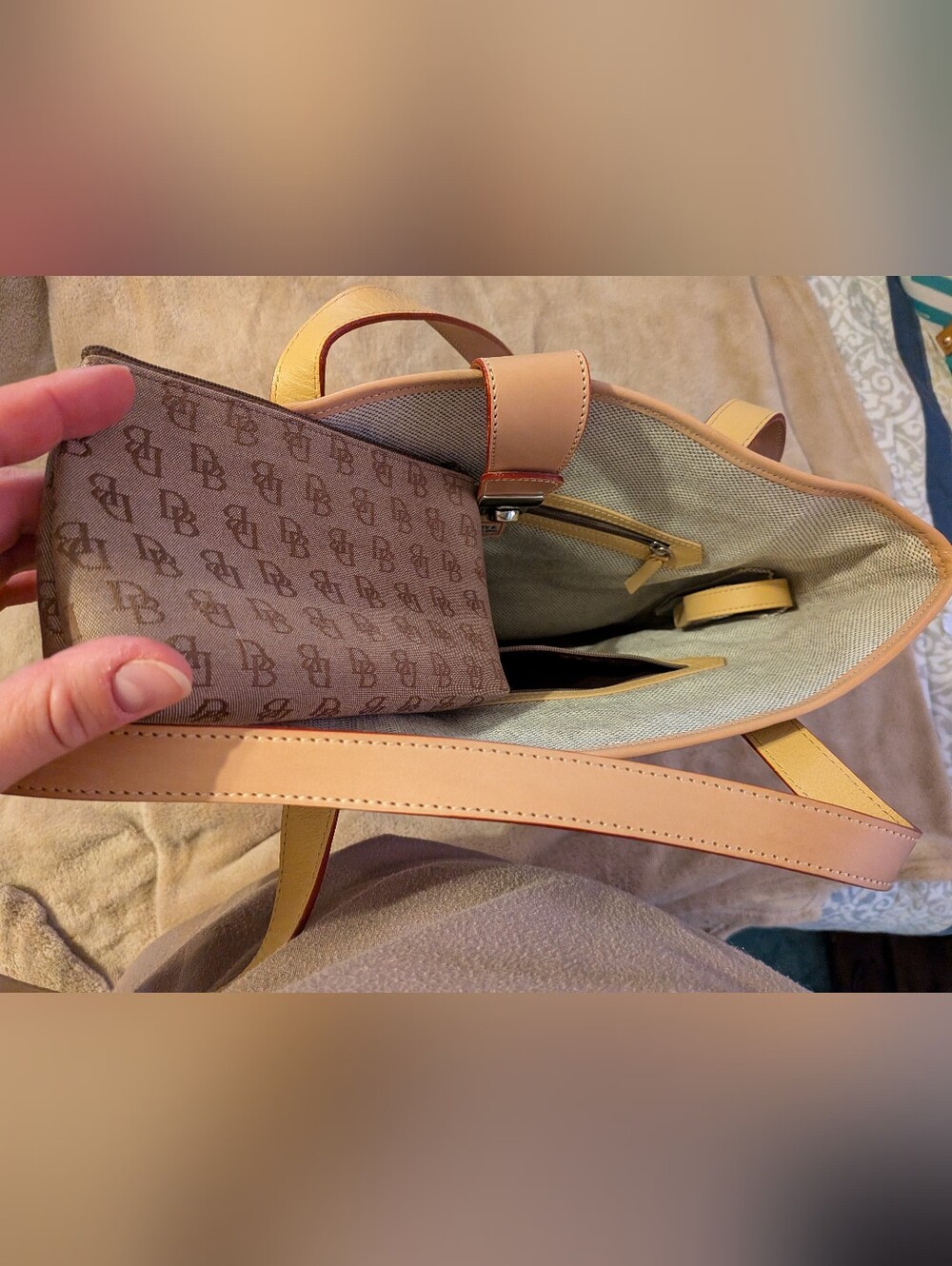 Dooney & Bourke Classic Monogram Canvas Tote Bag in Beige and Tan - Picture 3 of 3
